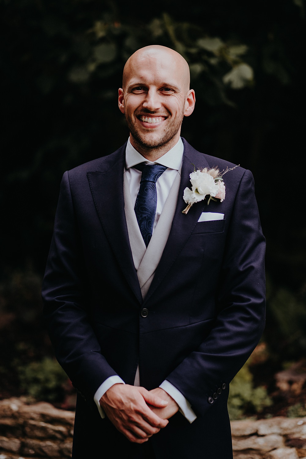 Groom Groomsmen Navy Suit Tails Tie Waistcoat Outdoor Surrey Wedding Kit Myers Photography