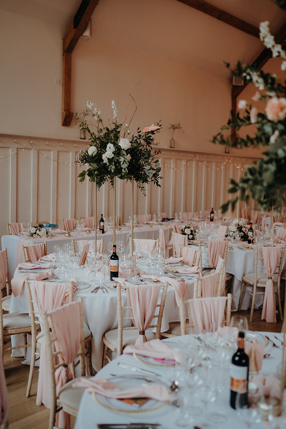 Barn Reception Pink Decor Chairs Flowers Tall Centrepiece Outdoor Surrey Wedding Kit Myers Photography