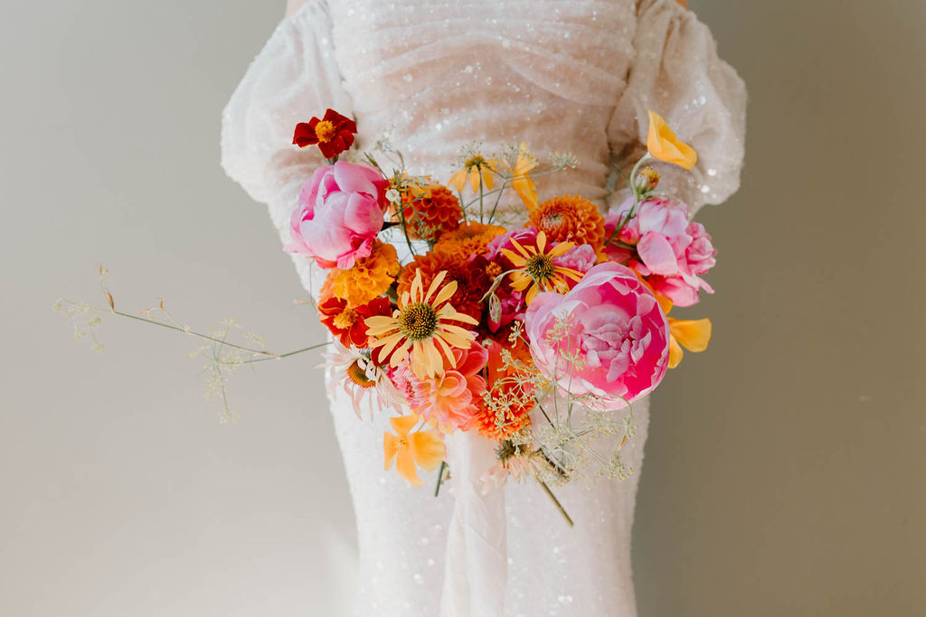Bouquet Flowers Bride Summer Dahlia Peony Pink Orange Yellow Wedding Ideas Mimosa Photography
