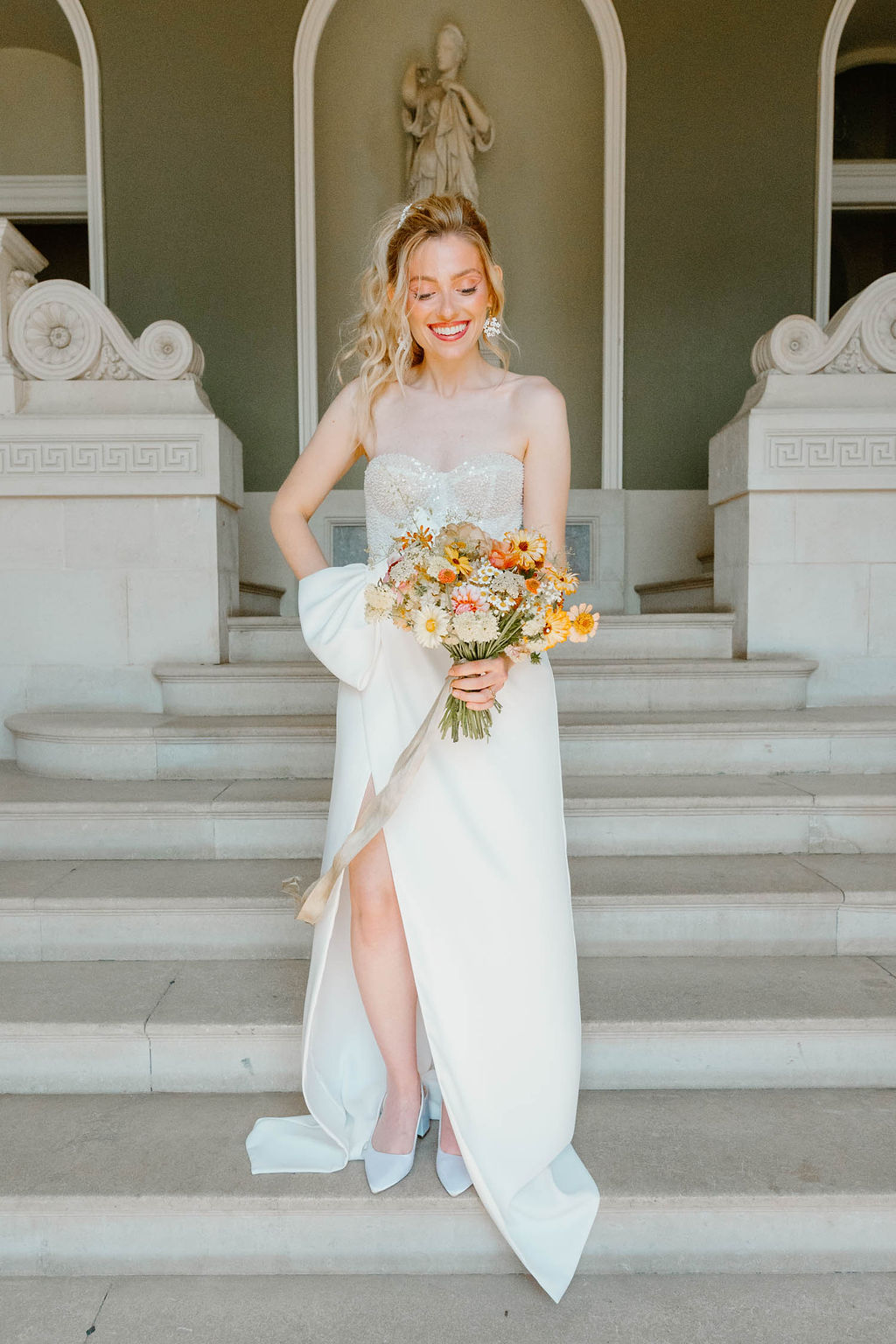 Strapless Sweetheart Bride Gown Dress Train Pink Orange Yellow Wedding Ideas Mimosa Photography