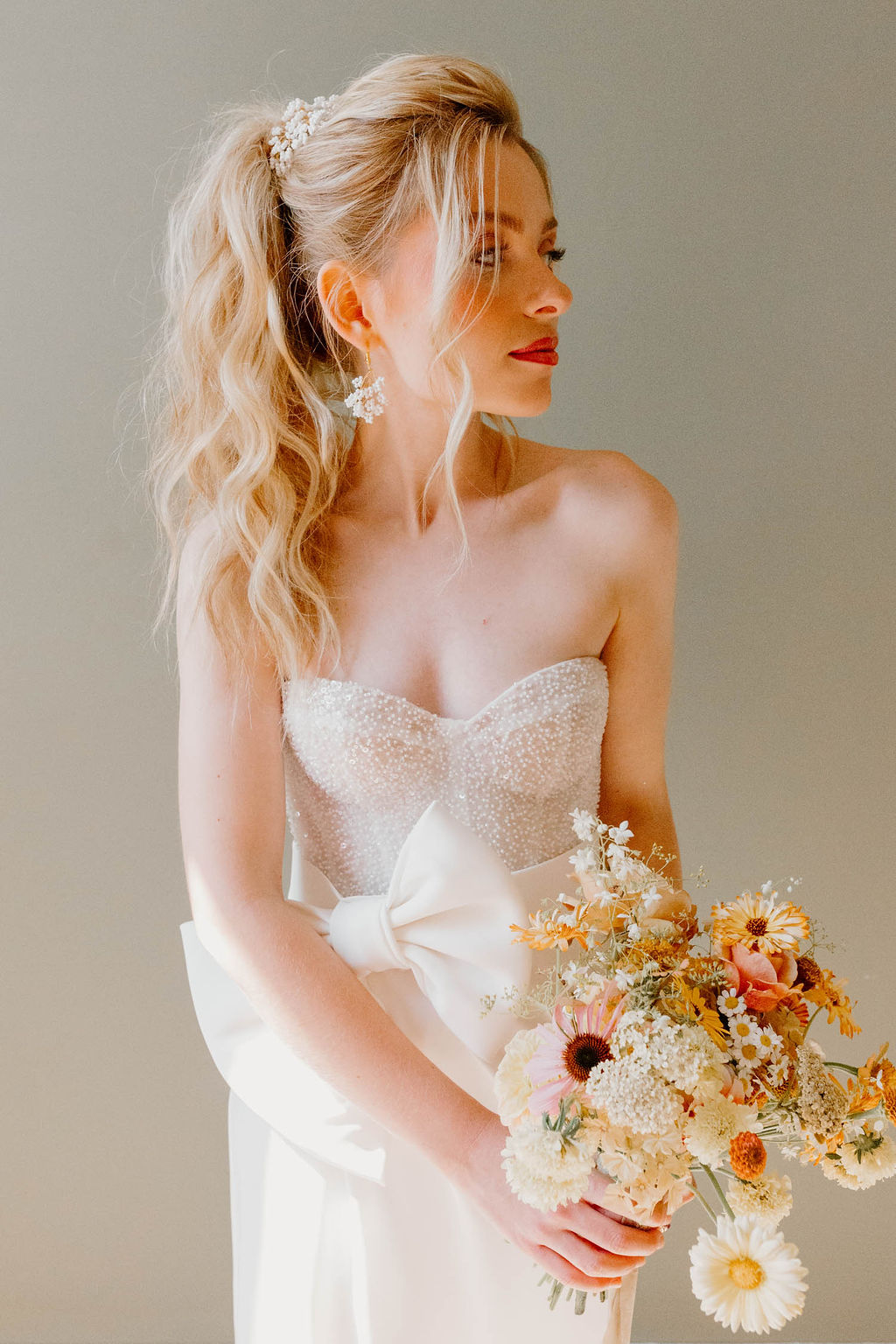 Bride Hairstyle Ponytail Accessory Pink Orange Yellow Wedding Ideas Mimosa Photography