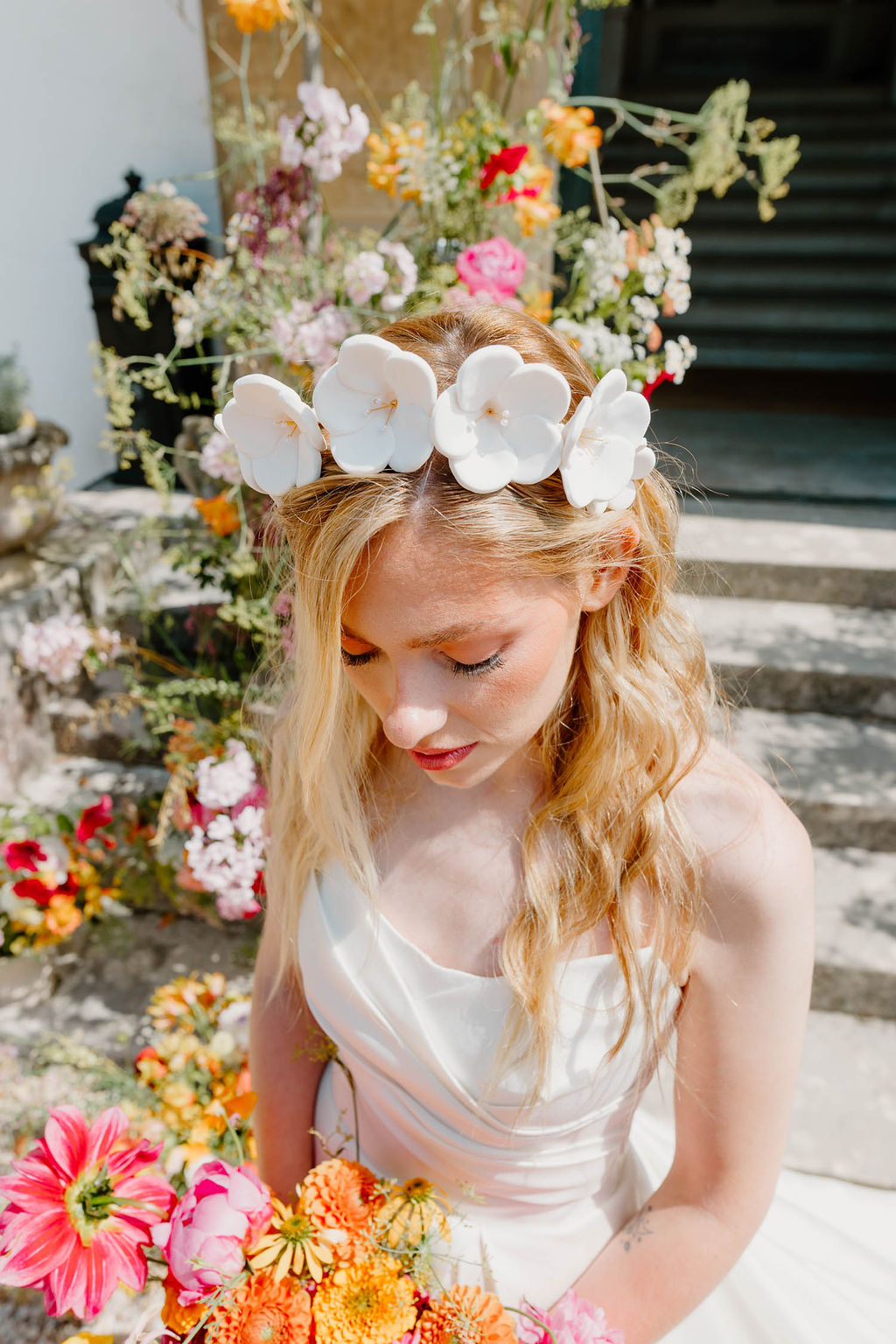 Bride Flower Crown Accessory Pink Orange Yellow Wedding Ideas Mimosa Photography