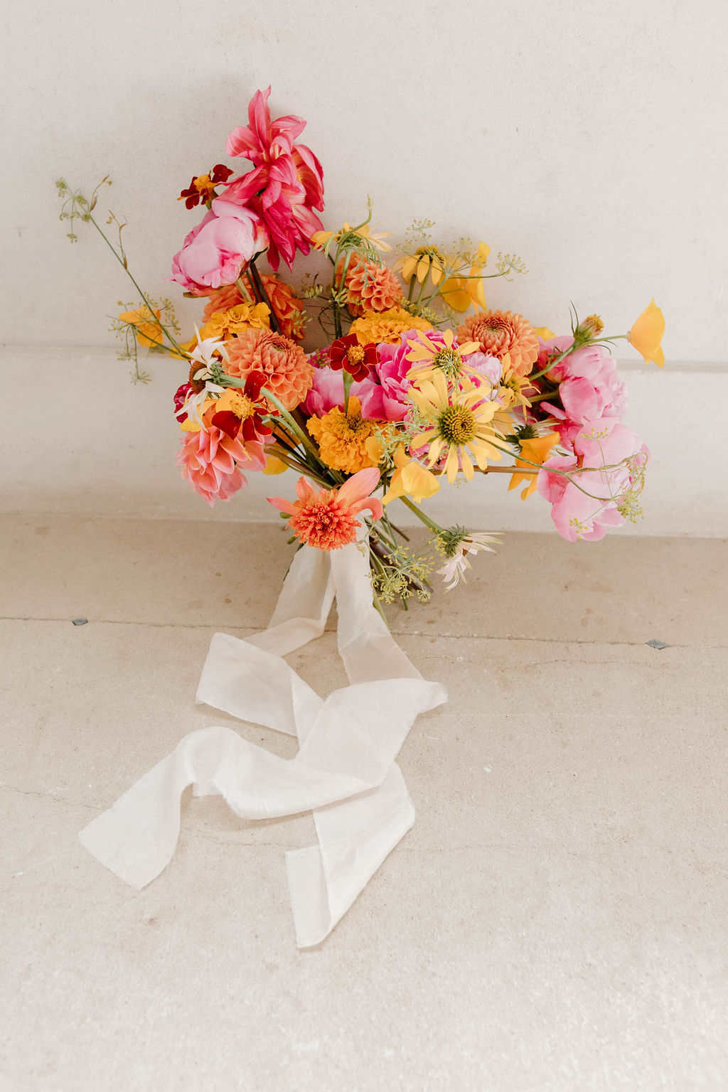 Bouquet Flowers Bride Summer Dahlia Peony Pink Orange Yellow Wedding Ideas Mimosa Photography