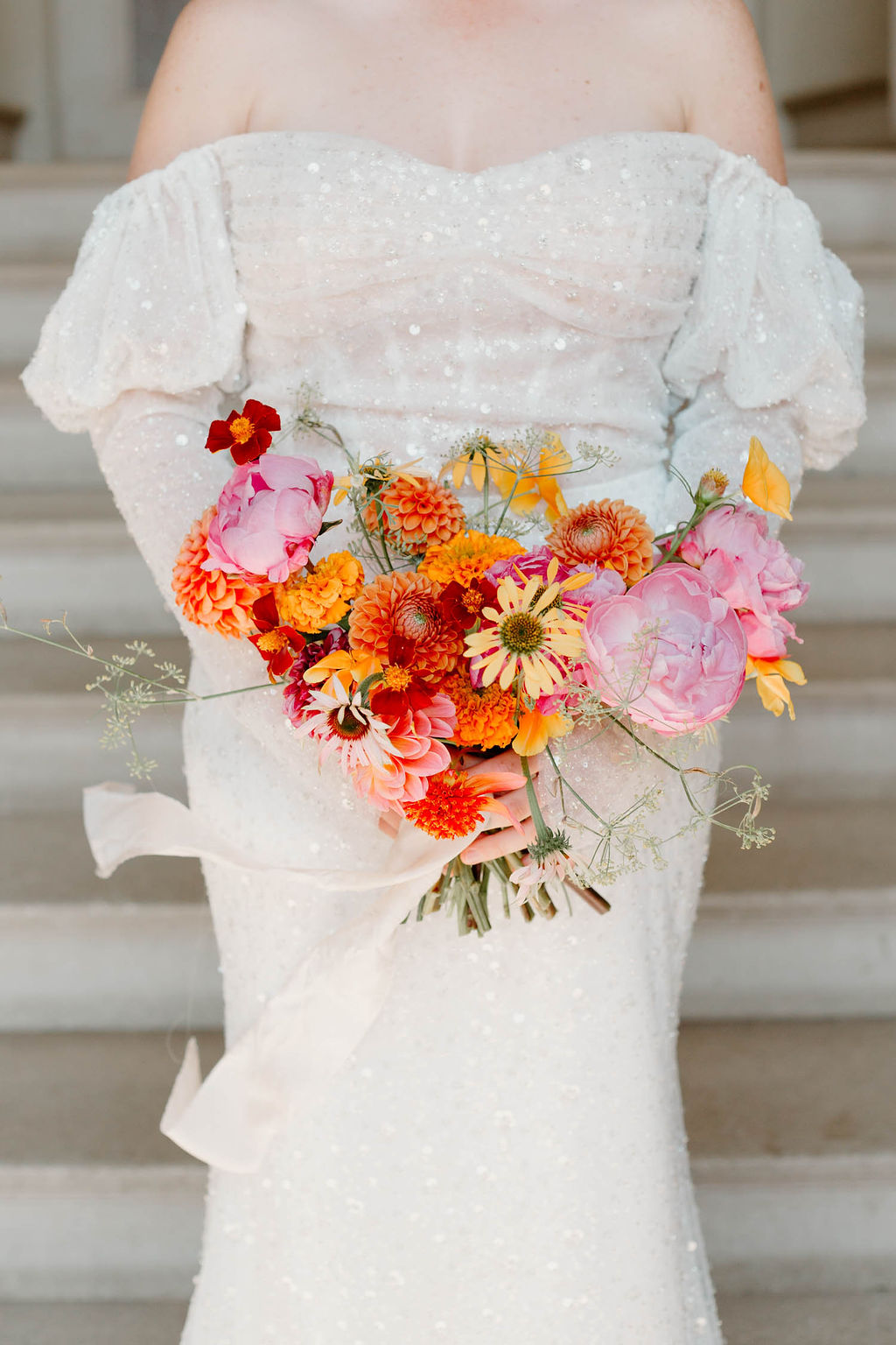 Bouquet Flowers Bride Summer Dahlia Peony Pink Orange Yellow Wedding Ideas Mimosa Photography