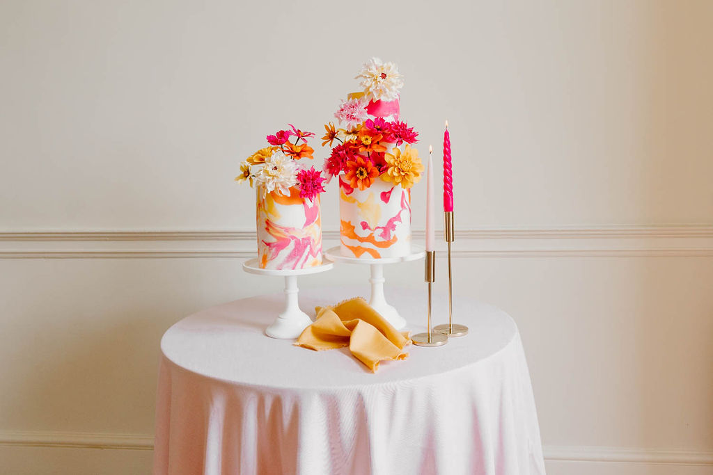 Cakes Table Candles Fabric Pink Orange Yellow Wedding Ideas Mimosa Photography