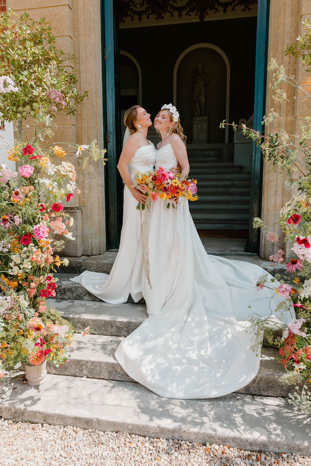 Pink Orange Yellow Wedding Ideas Mimosa Photography Entrance Doorway Flower Pillar Arrangement