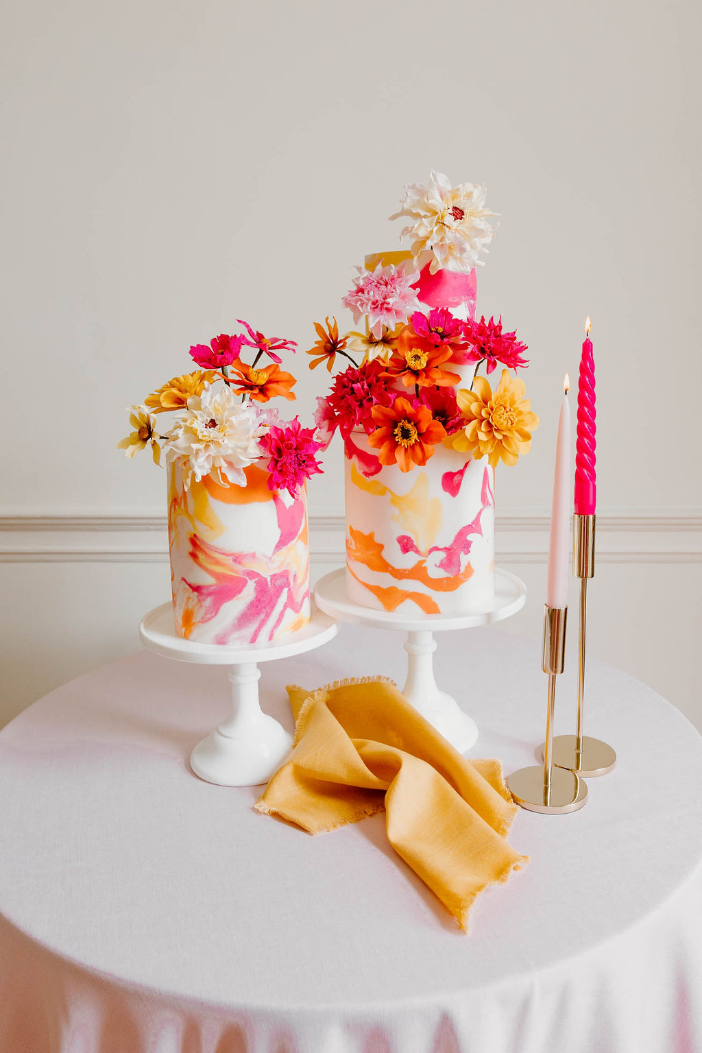 Cakes Table Candles Fabric Pink Orange Yellow Wedding Ideas Mimosa Photography