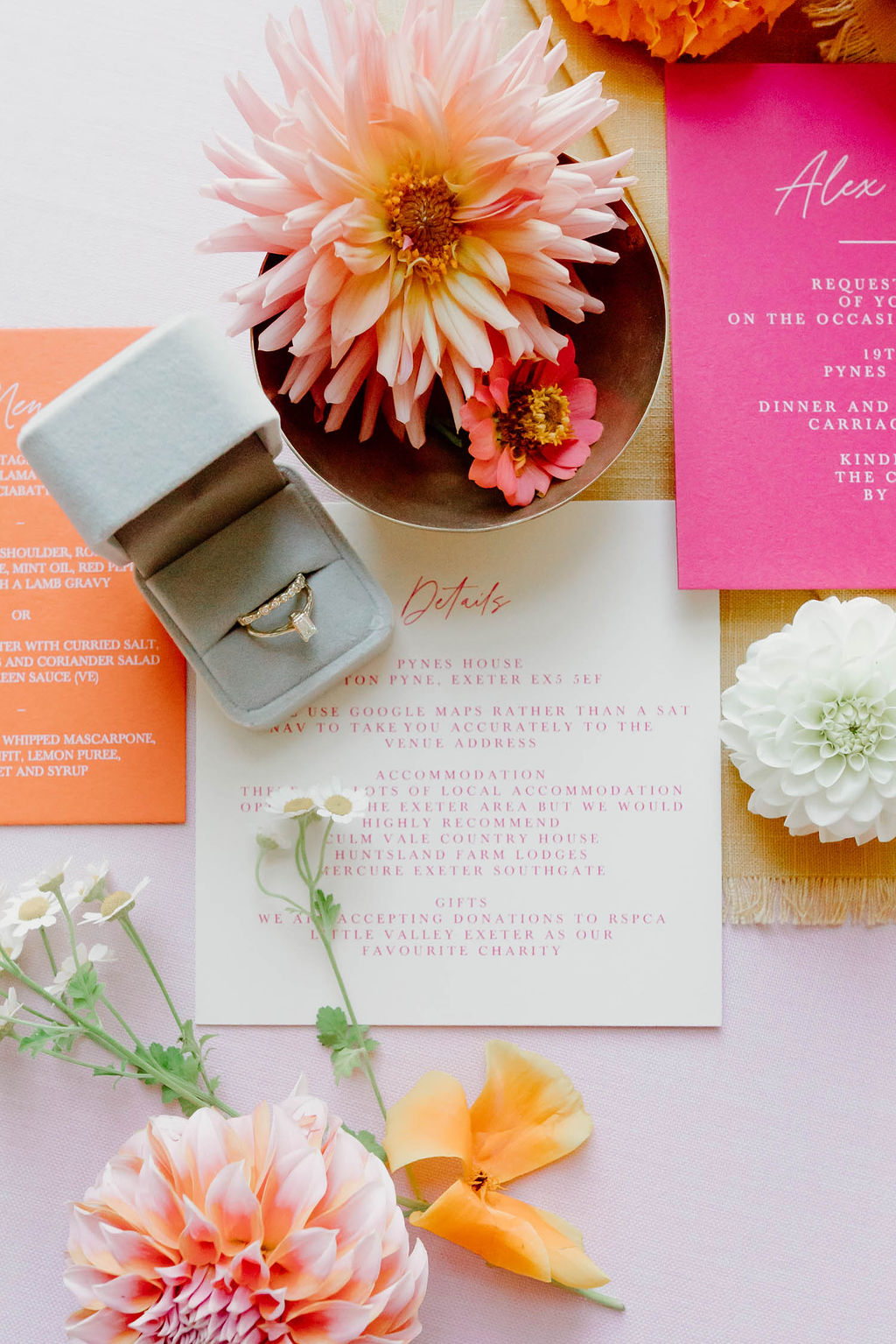 Invites Accessories Ring Box Pink Orange Yellow Wedding Ideas Mimosa Photography