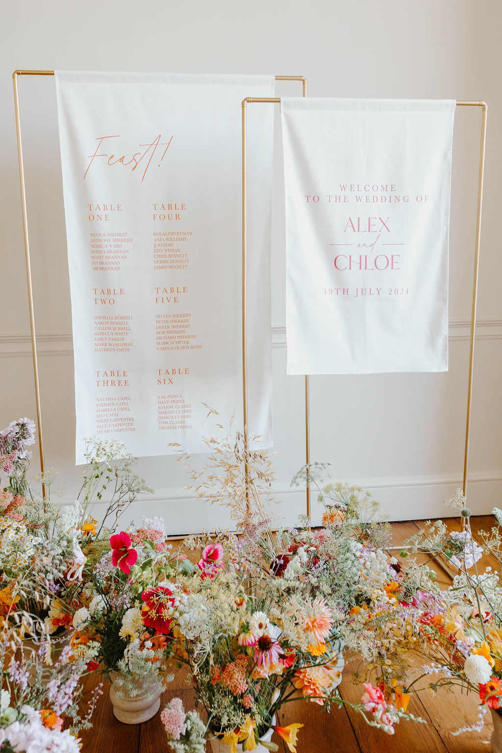 Table Plan Sign Banner Flowers Pink Orange Yellow Wedding Ideas Mimosa Photography