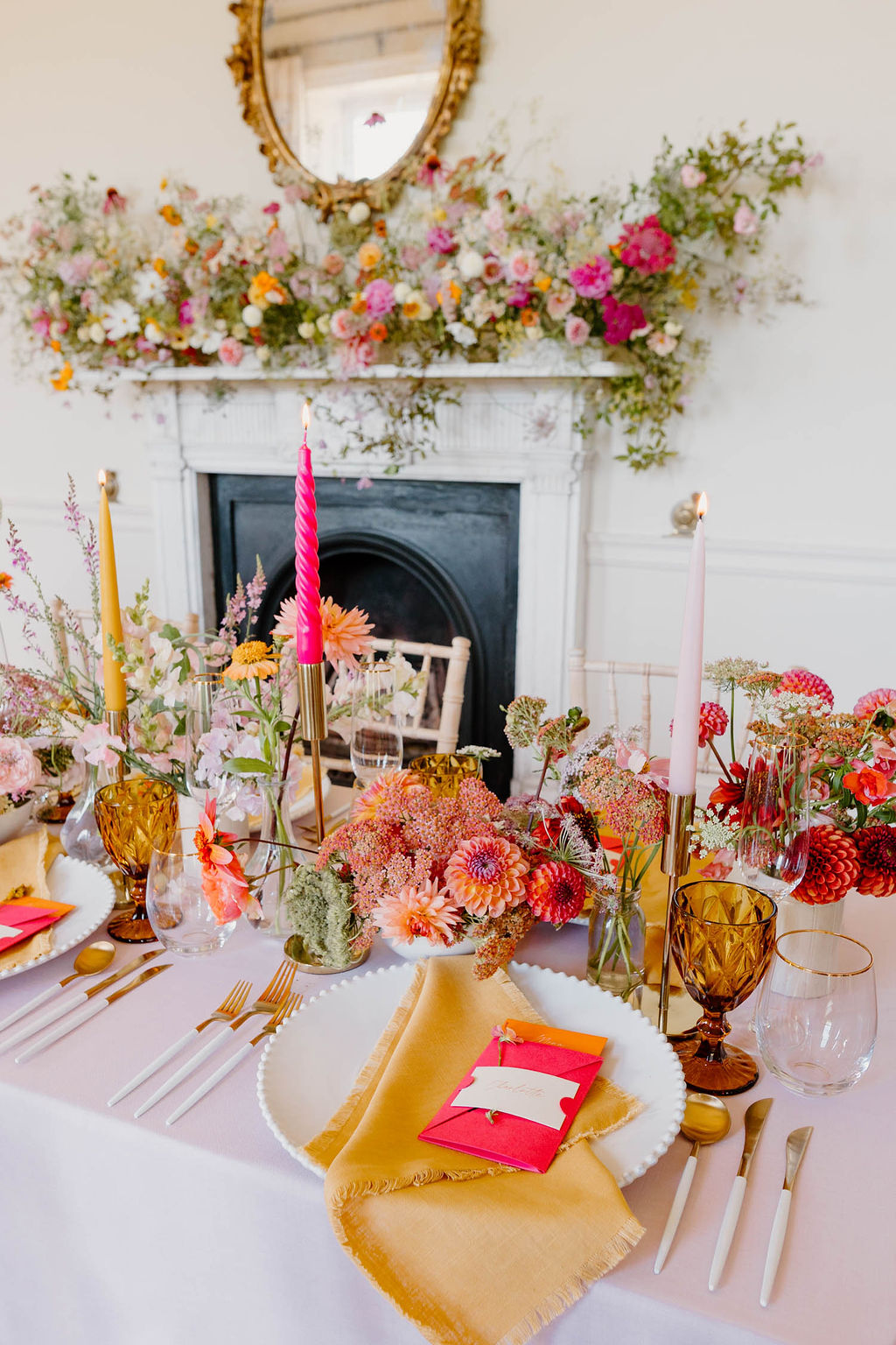 Table Decor Flowers Candles Place Setting Pink Orange Yellow Wedding Ideas Mimosa Photography