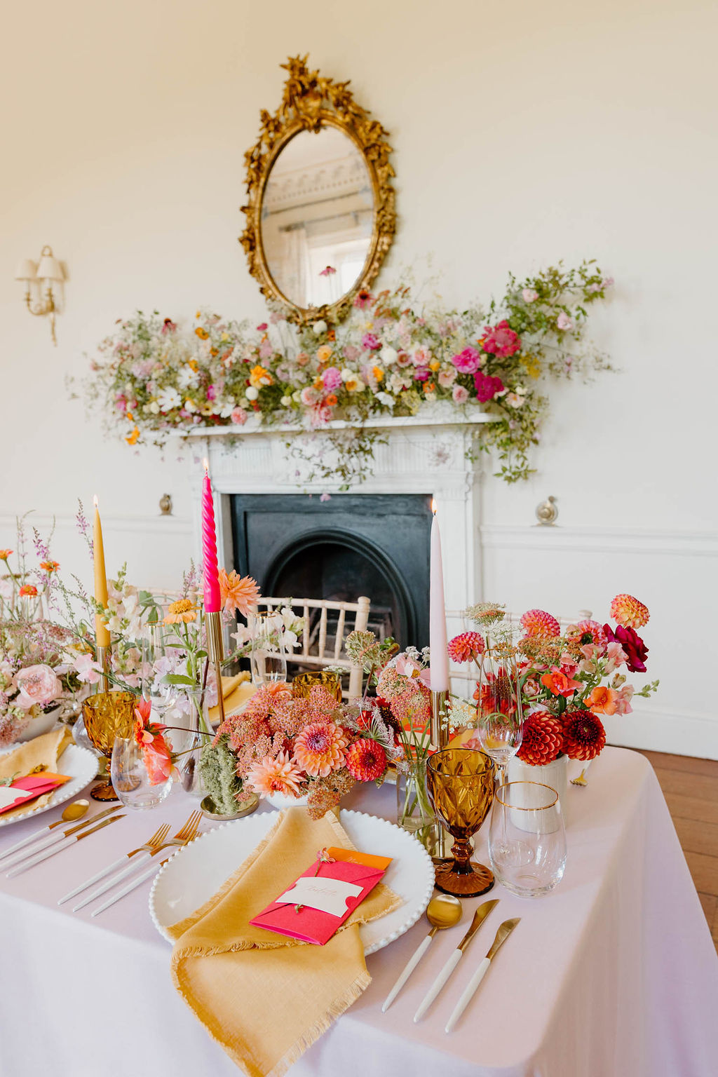 Table Decor Flowers Candles Pink Orange Yellow Wedding Ideas Mimosa Photography