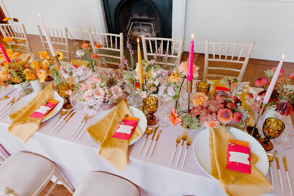 Table Decor Flowers Candles Pink Orange Yellow Wedding Ideas Mimosa Photography