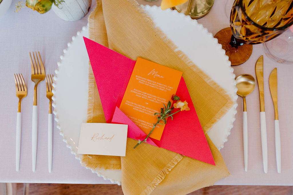 Menu Place Setting Pink Orange Yellow Wedding Ideas Mimosa Photography