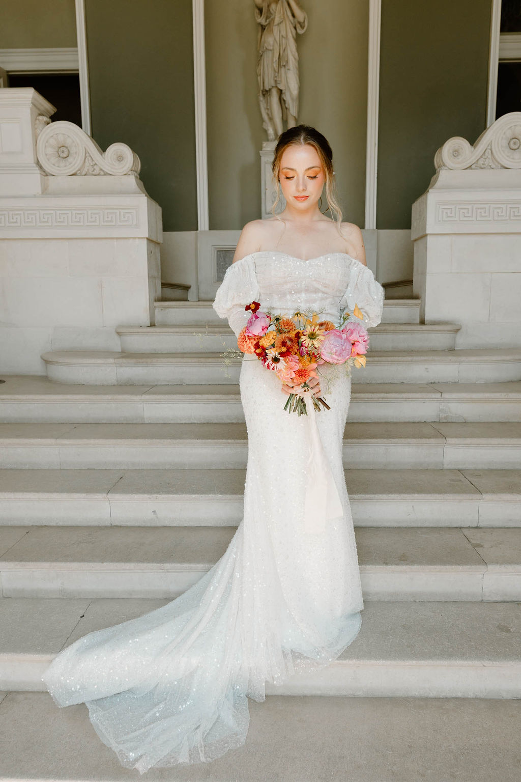 Pink Orange Yellow Wedding Ideas Mimosa Photography Off Shoulder Puff Sleeve Gown Bride