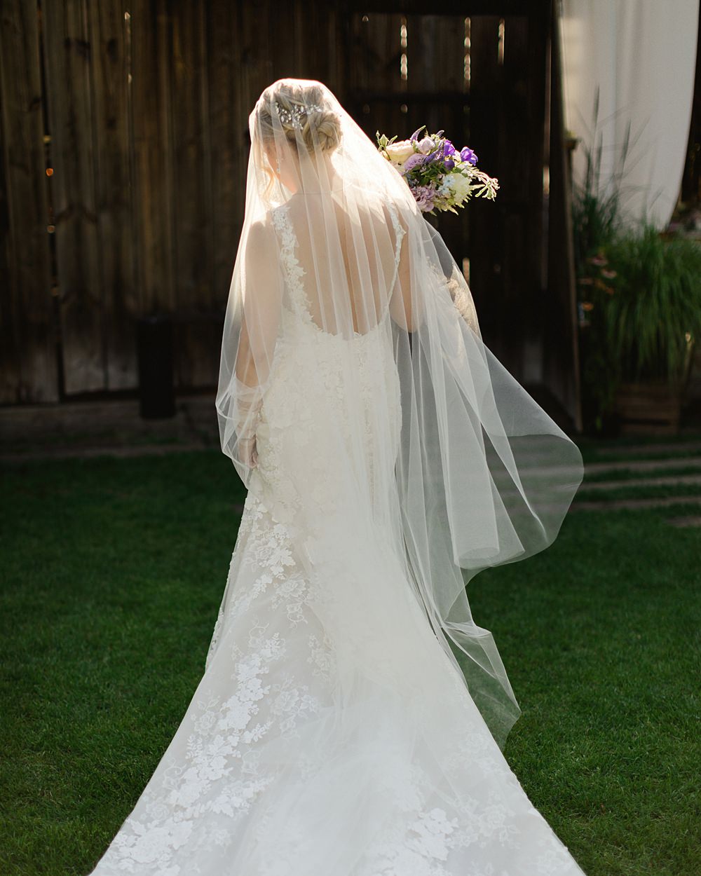 Bride Lace Veil Gown Train Poland Barn Wedding Matt and Lena Photography