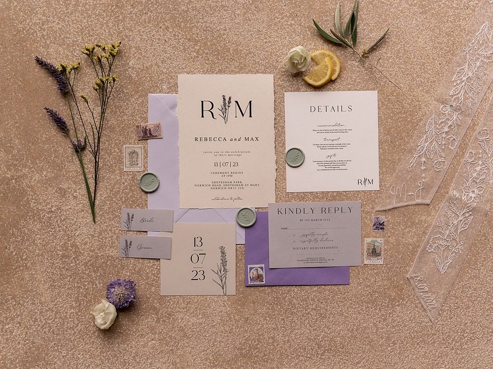 Shotesham Park Wedding By Emma Olivia Photography Stationery Invites Lavender Lilac