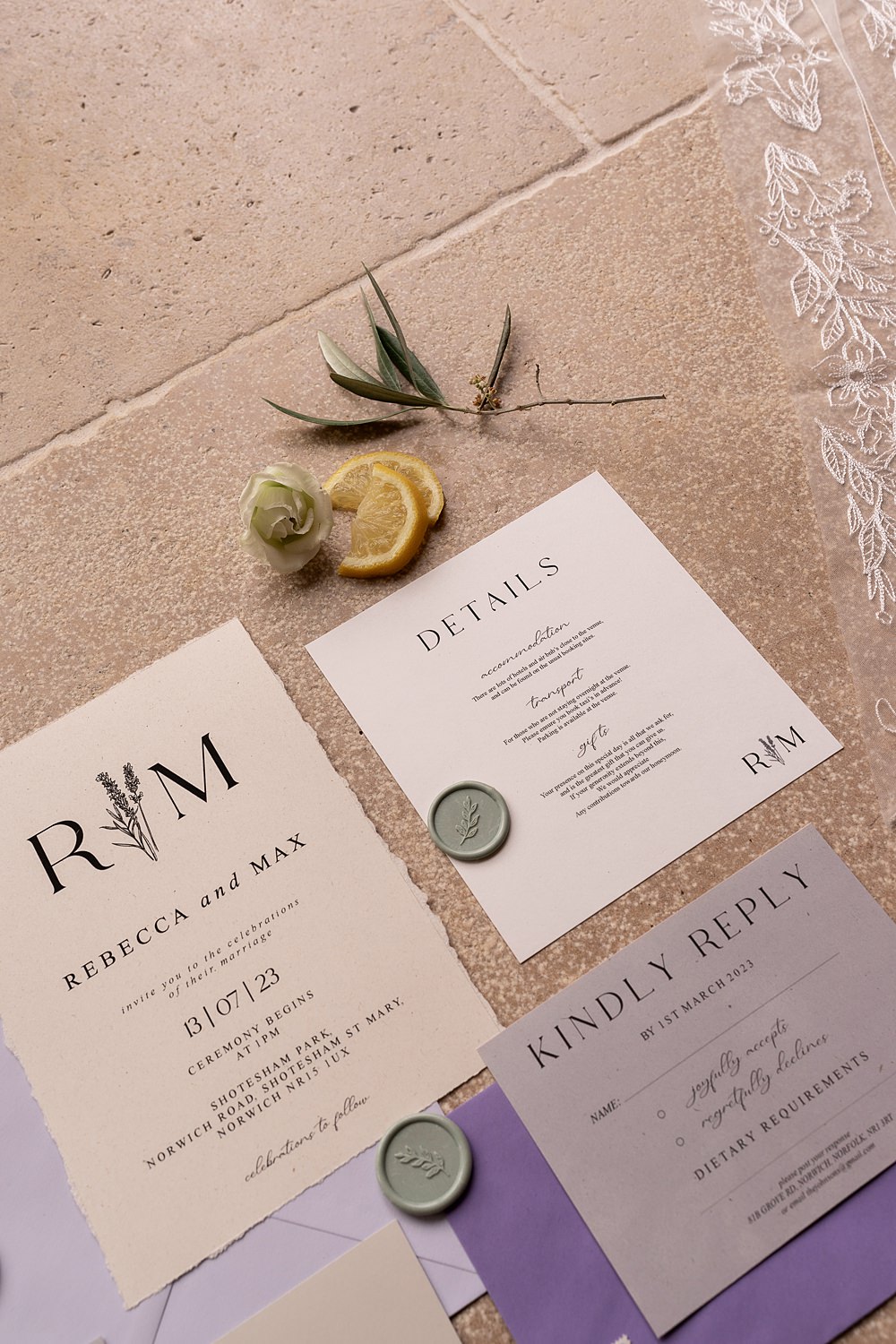 Shotesham Park Wedding By Emma Olivia Photography Stationery Invites Lavender Wax Seal Lilac