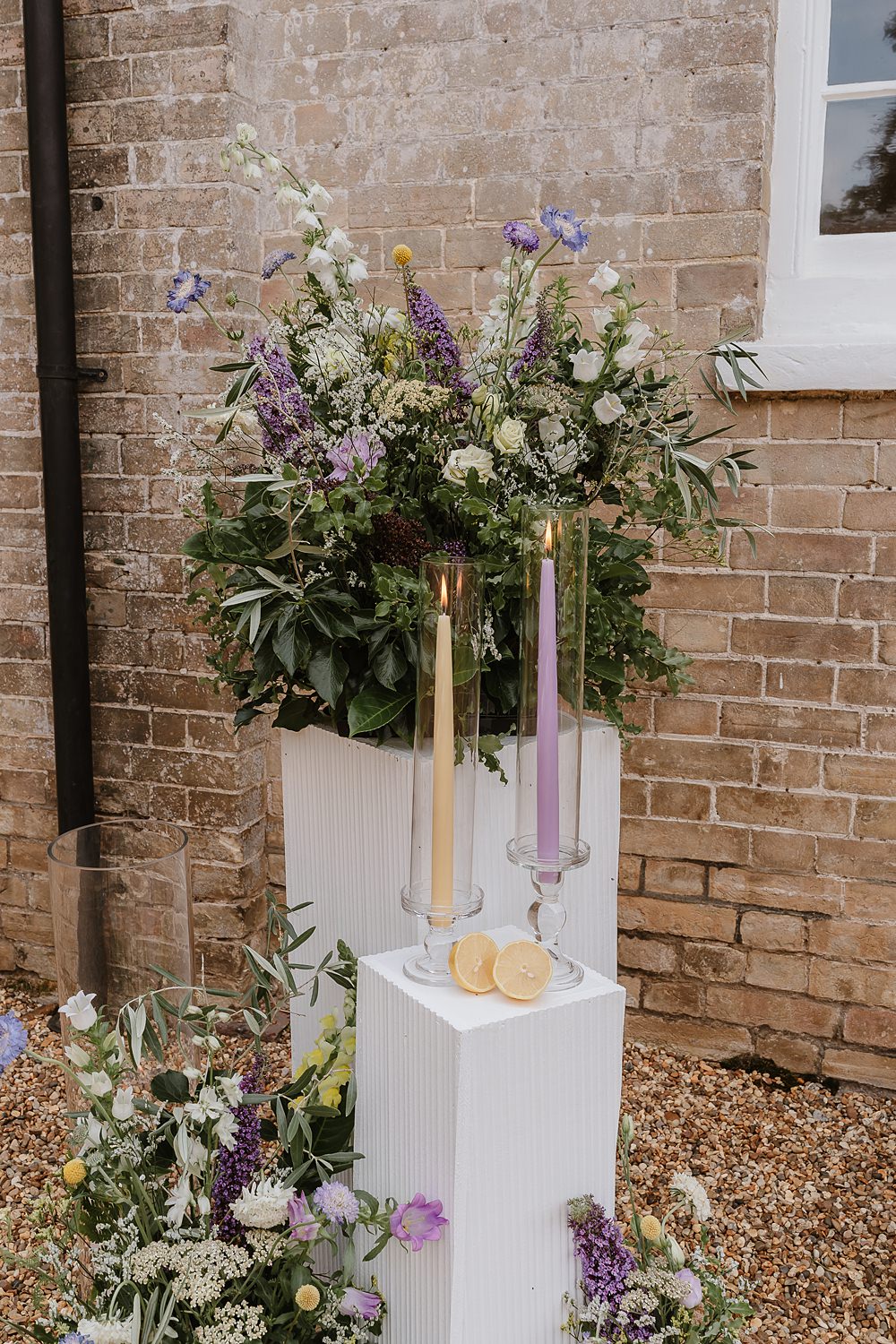 White Pillars Flowers Candles Ceremony Decor Yellow Lilac Shotesham Park Wedding By Emma Olivia Photography