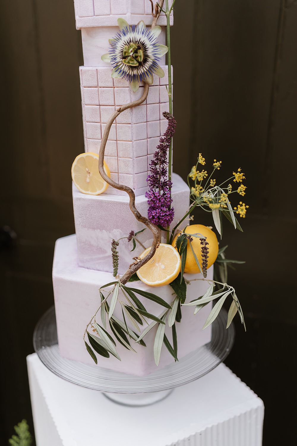 5 Tier Geometric Cake Lilac Yellow Greenery Shotesham Park Wedding By Emma Olivia Photography