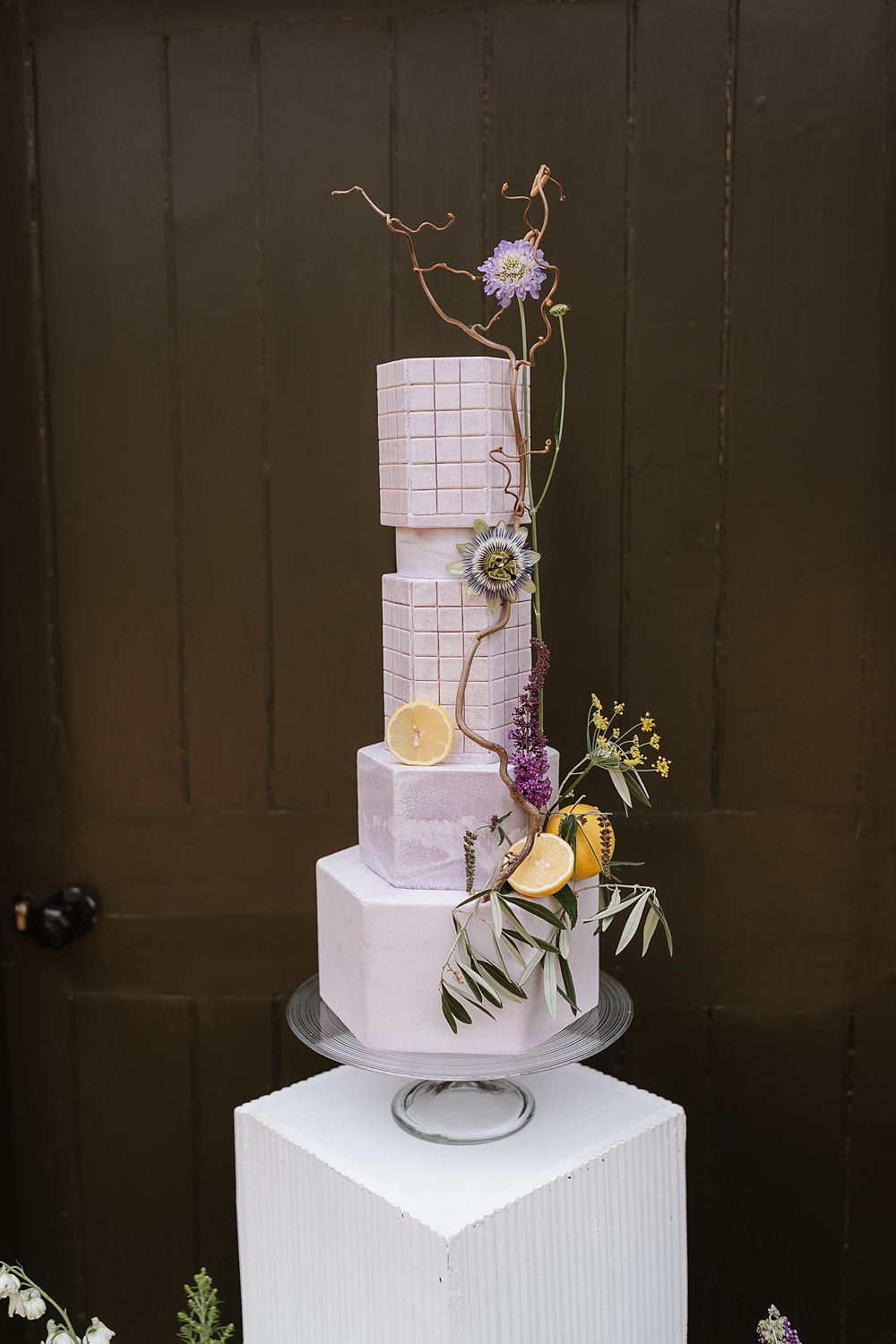 5 Tier Geometric Cake Lilac Yellow Greenery Shotesham Park Wedding By Emma Olivia Photography