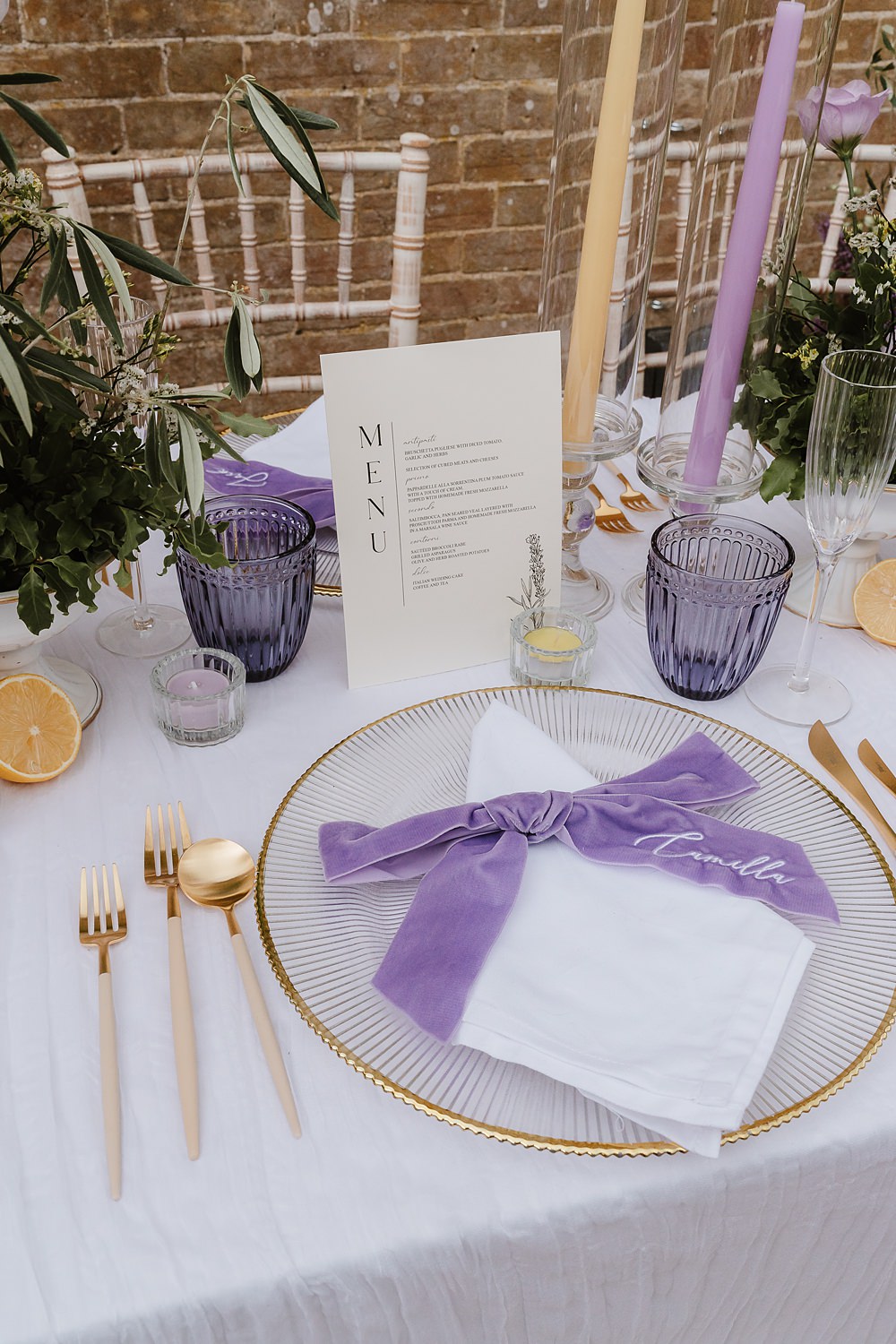 Place Setting Bow Napkin Embroidered Lilac Yellow Gold Cutlery Shotesham Park Wedding By Emma Olivia Photography