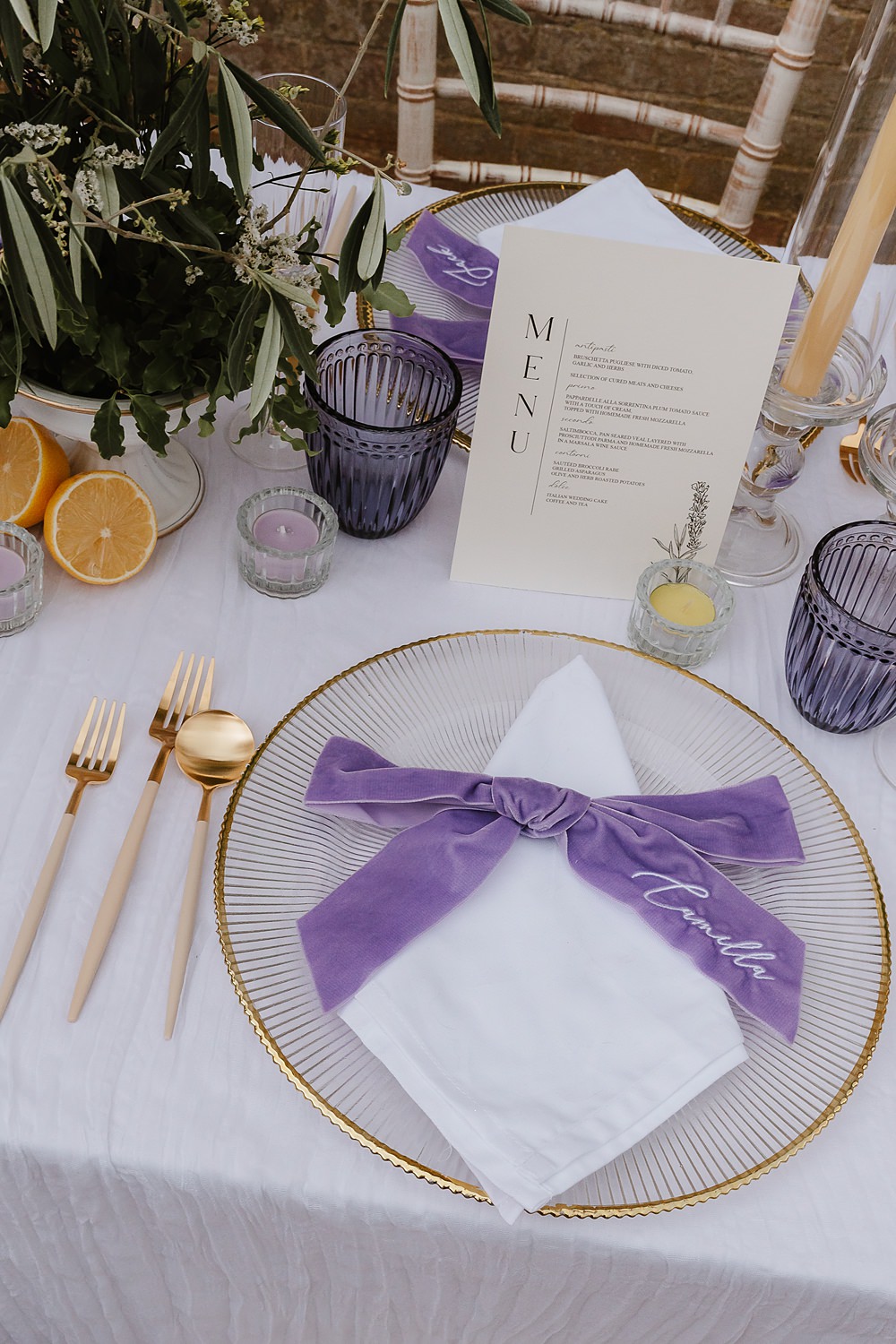 Place Setting Bow Napkin Embroidered Lilac Yellow Gold Cutlery Shotesham Park Wedding By Emma Olivia Photography