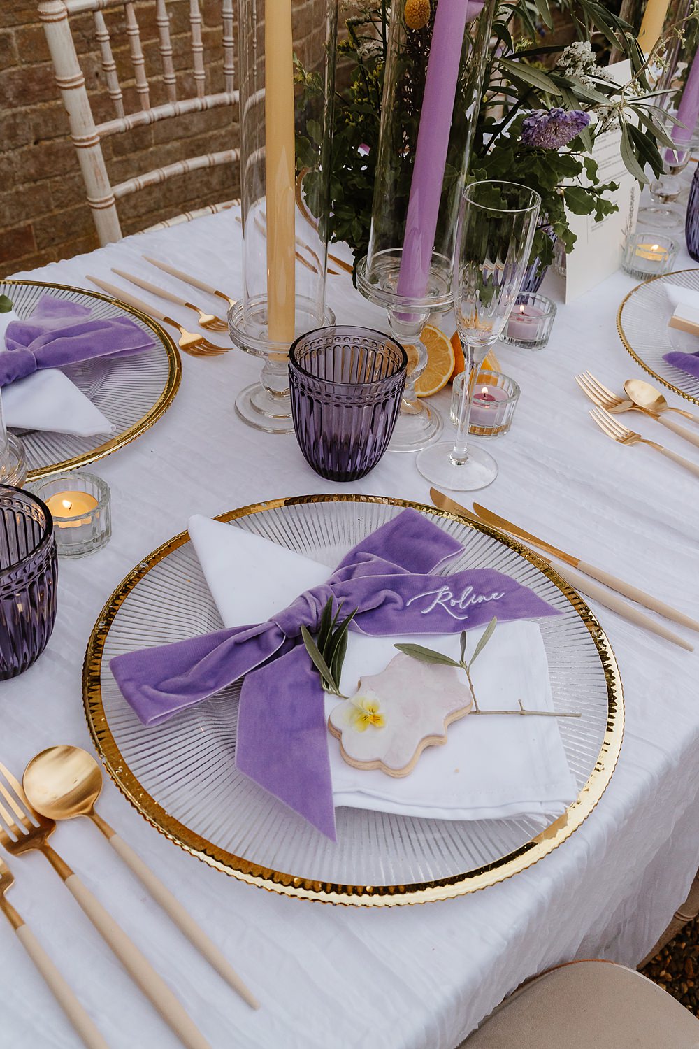 Place Setting Bow Napkin Embroidered Lilac Yellow Gold Cutlery Shotesham Park Wedding By Emma Olivia Photography