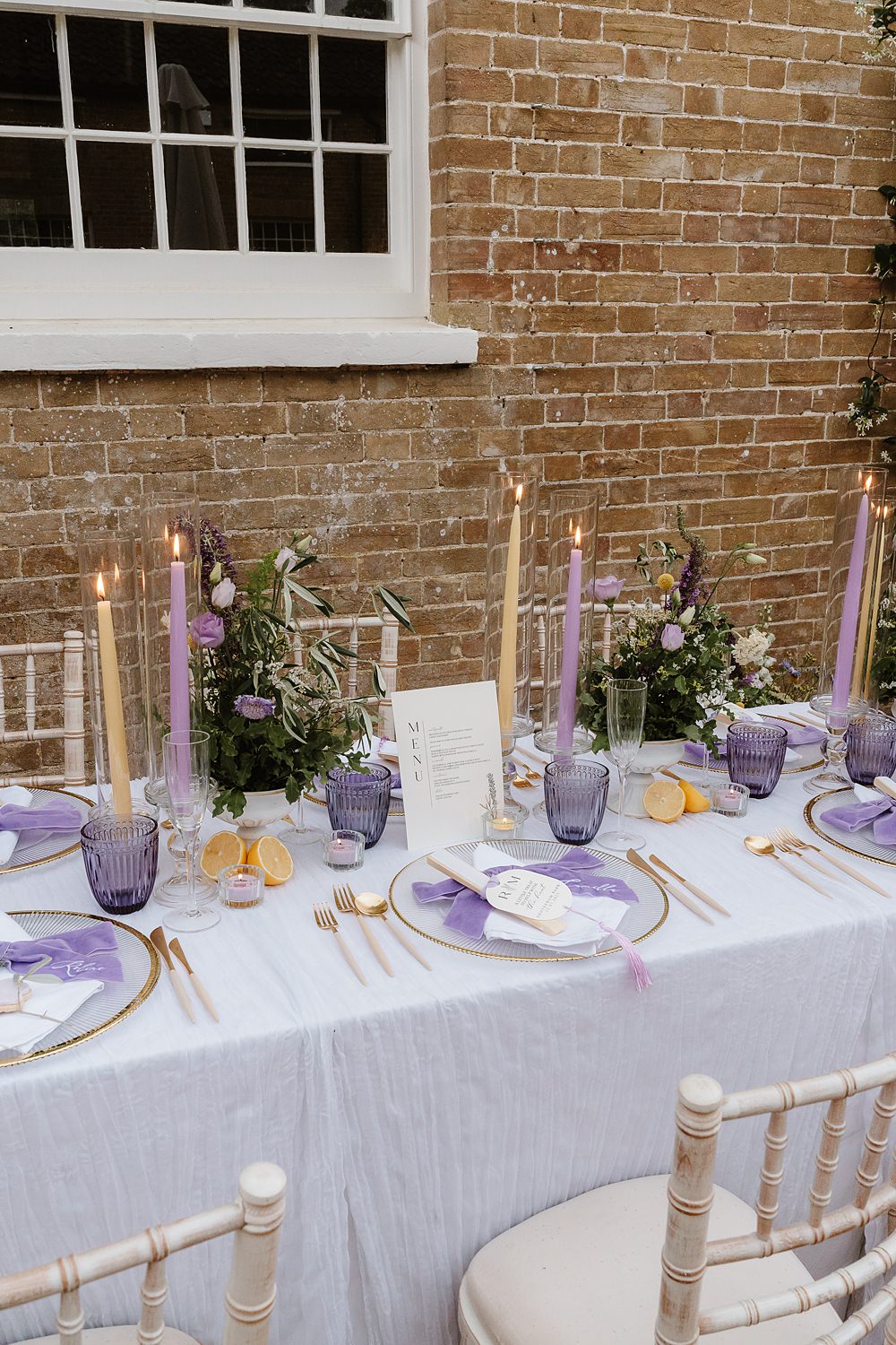 Table Decor Lilac Yellow Candles Flowers Shotesham Park Wedding By Emma Olivia Photography