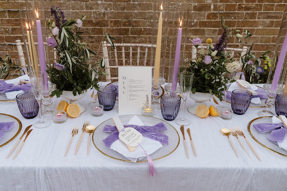 Table Decor Lilac Yellow Candles Flowers Shotesham Park Wedding By Emma Olivia Photography