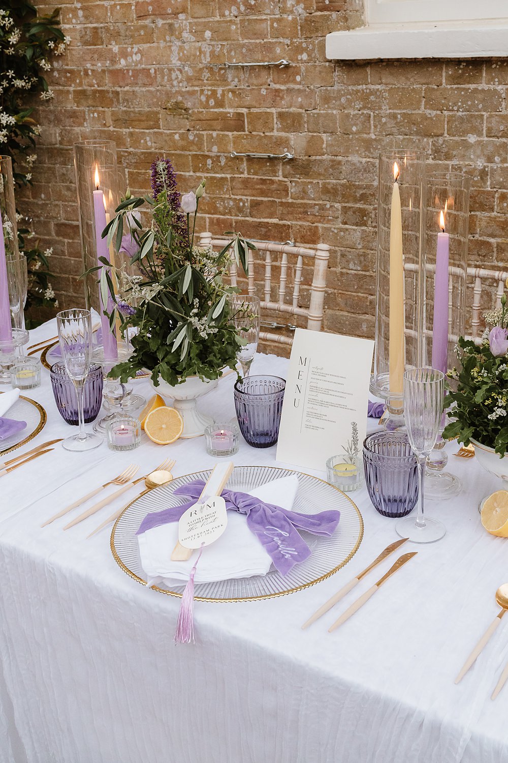 Table Decor Lilac Yellow Candles Flowers Shotesham Park Wedding By Emma Olivia Photography