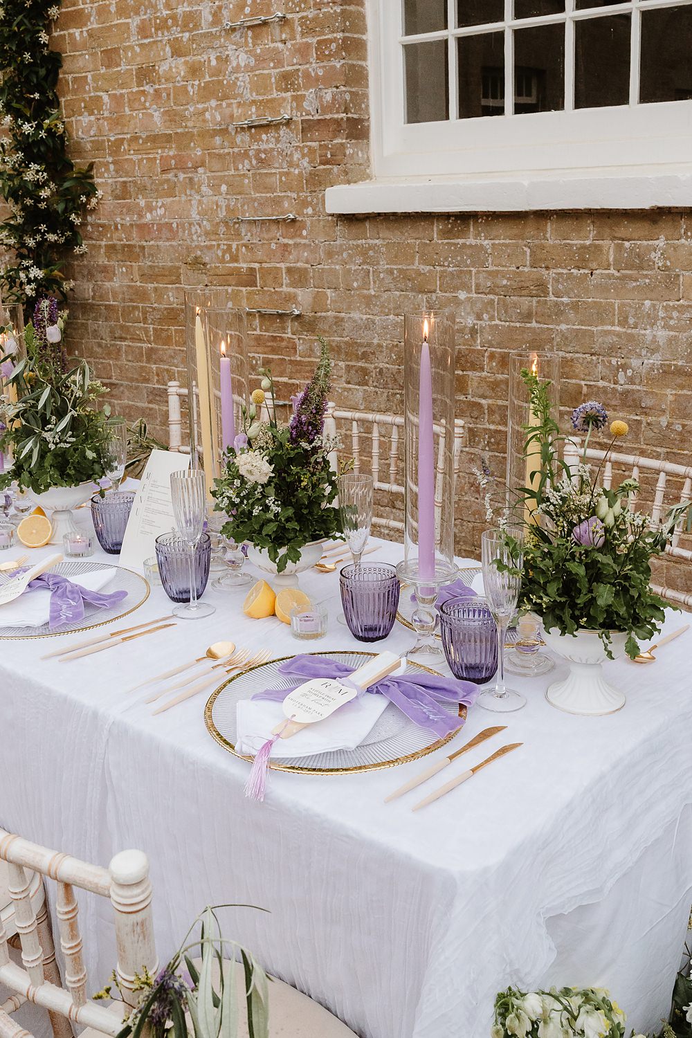 Table Decor Lilac Yellow Candles Flowers Shotesham Park Wedding By Emma Olivia Photography