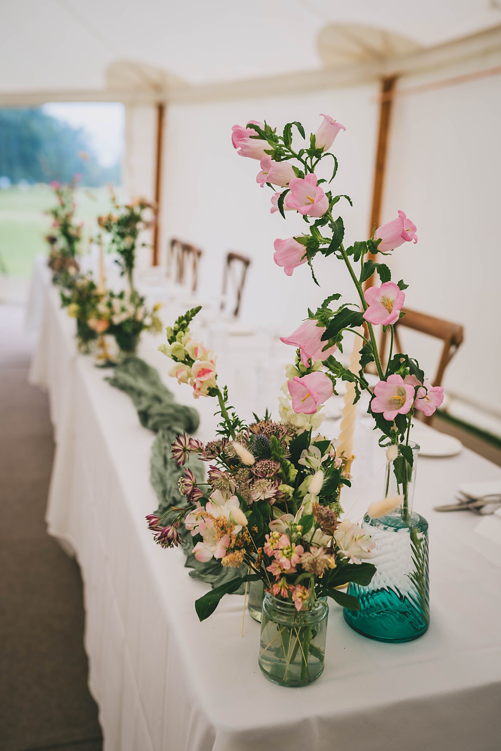 South Yorkshire Farm Wedding Amy Jordison Photography Table Runner Wildflowers Centrepiece Decor Marquee Foxglove