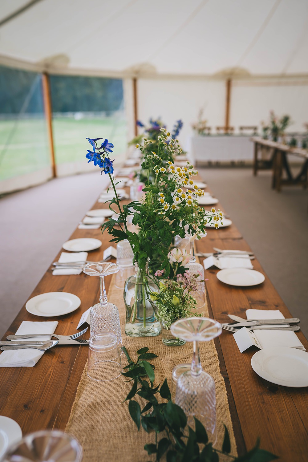 South Yorkshire Farm Wedding Amy Jordison Photography Burlap Hessian Table Runner Wildflowers Centrepiece Decor Marquee