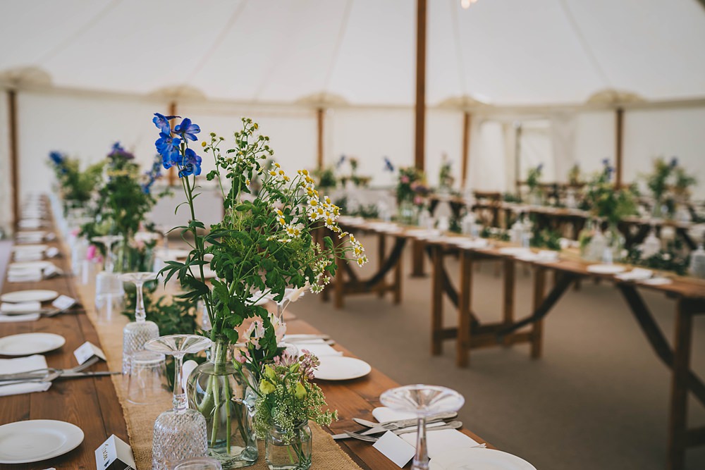 South Yorkshire Farm Wedding Amy Jordison Photography Burlap Hessian Table Runner Wildflowers Centrepiece Decor Marquee