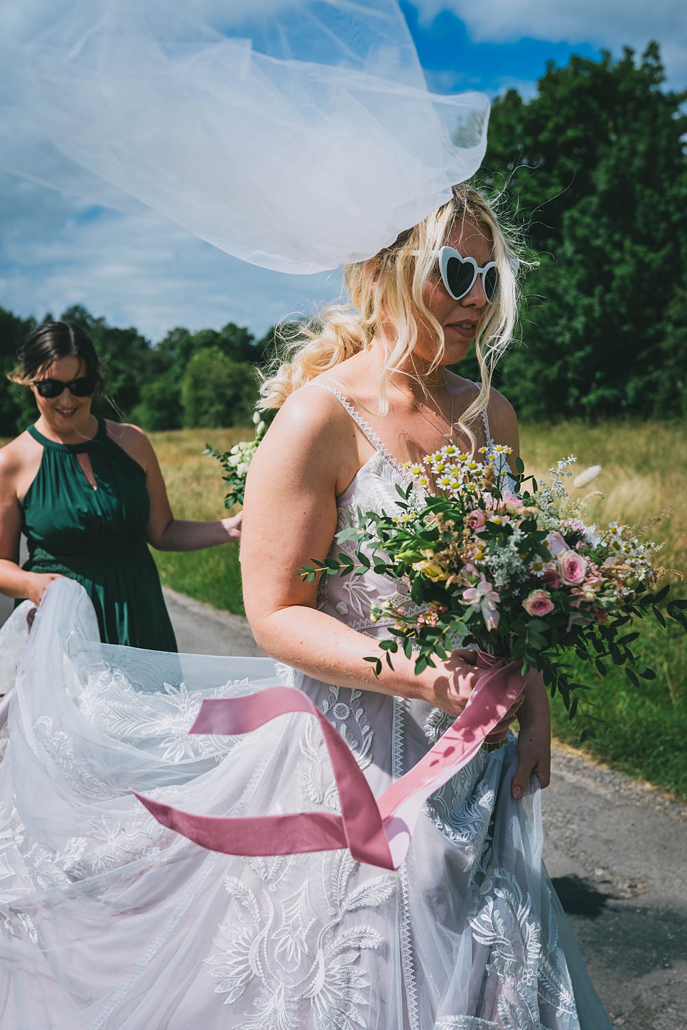 Bride Bouquet Flowers Pink Ribbon Heart Sunglasses Veil South Yorkshire Farm Wedding Amy Jordison Photography