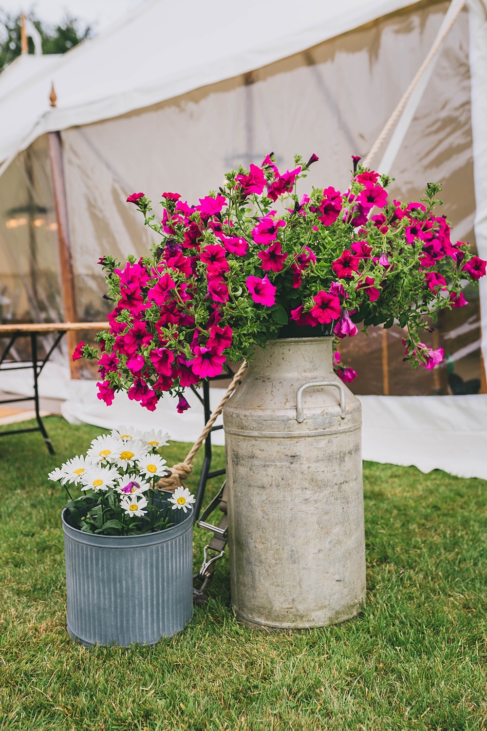 South Yorkshire Farm Wedding Amy Jordison Photography Milk Churn Flowers Pot Plant Decor