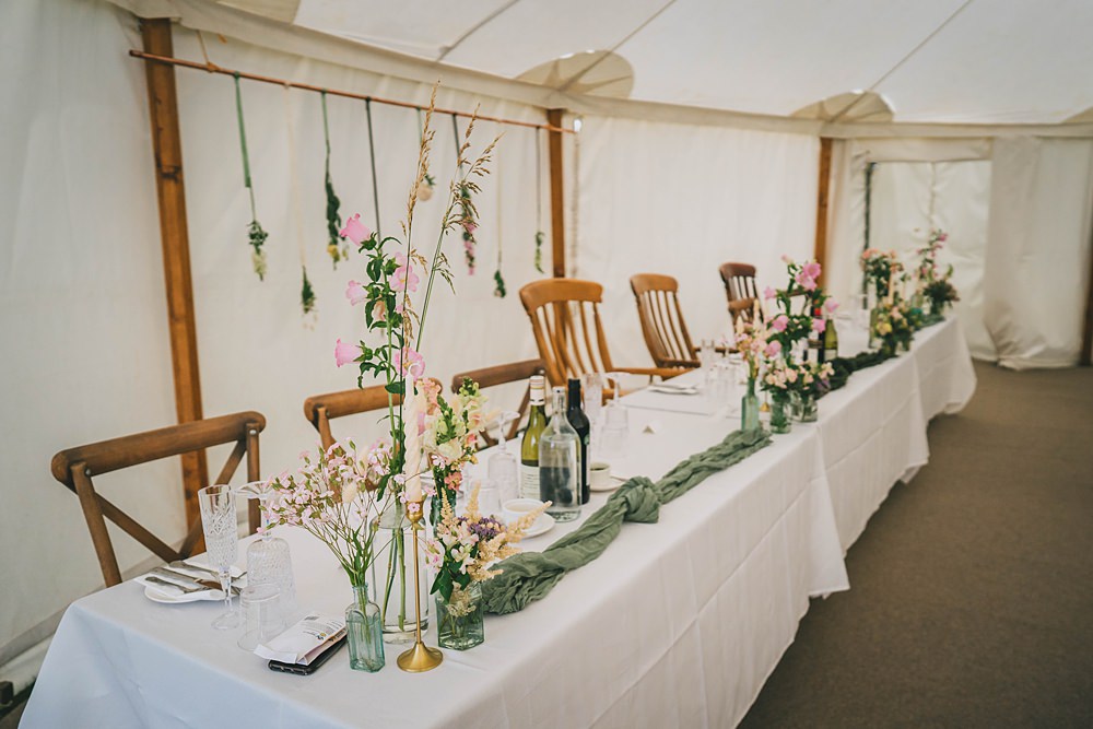 Top Table Table Runner Wildflowers Greenery Centrepiece Decor Marquee South Yorkshire Farm Wedding Amy Jordison Photography