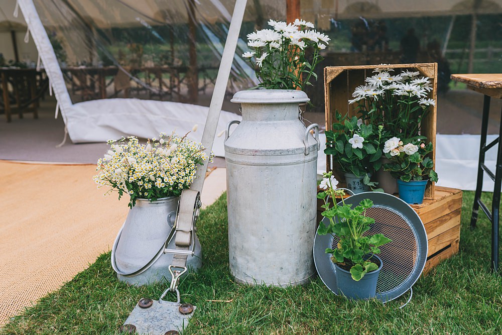 South Yorkshire Farm Wedding Amy Jordison Photography Milk Churn Flowers Pot Plant Decor