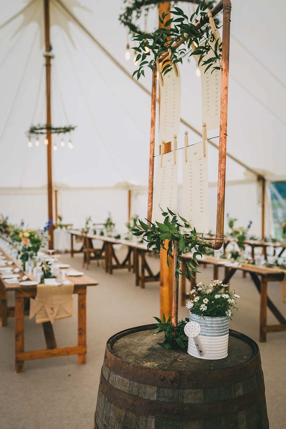 South Yorkshire Farm Wedding Amy Jordison Photography Copper Pipe Frame Table Plan Greenery Wooden Barrel