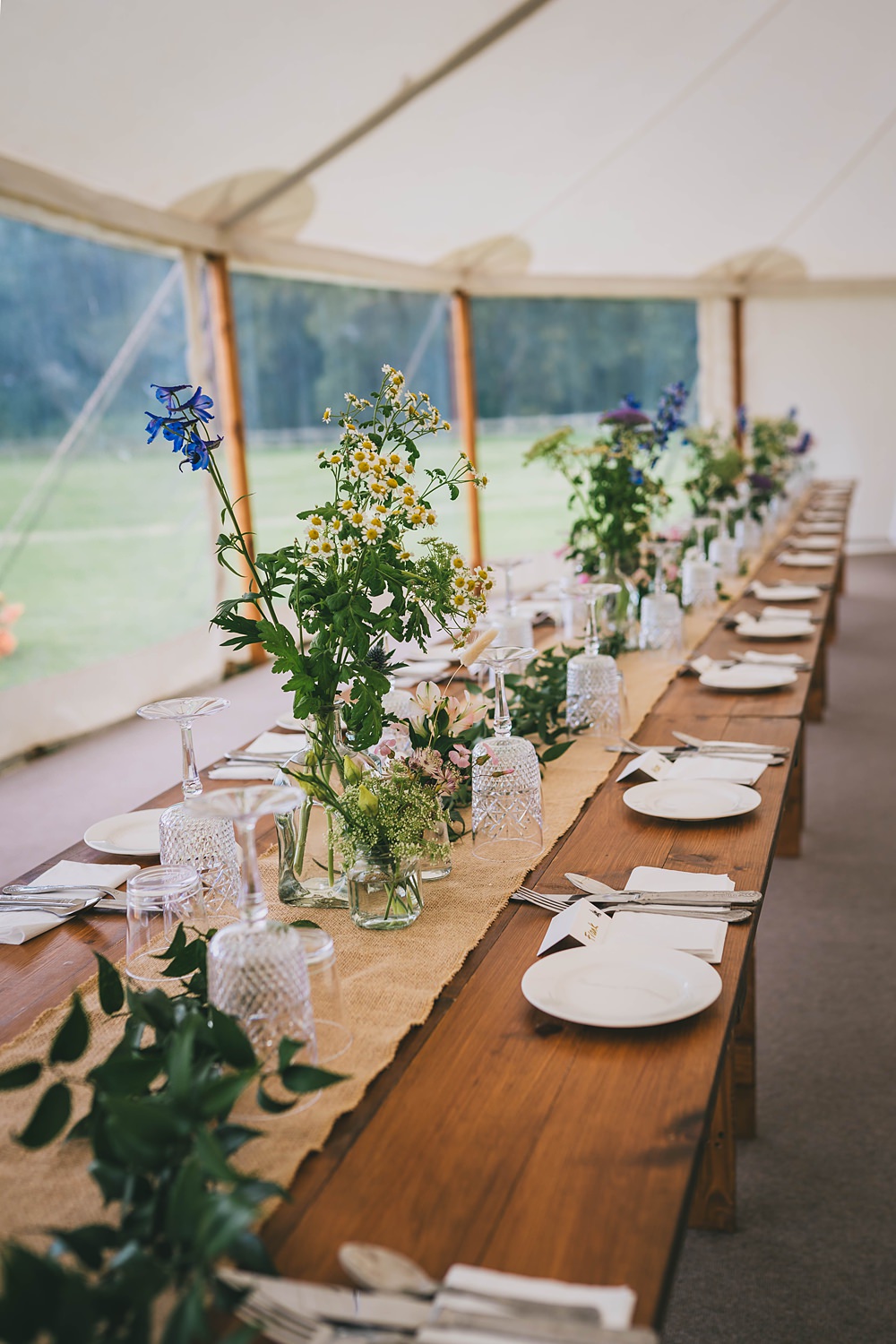 South Yorkshire Farm Wedding Amy Jordison Photography Burlap Hessian Table Runner Wildflowers Centrepiece Decor Marquee