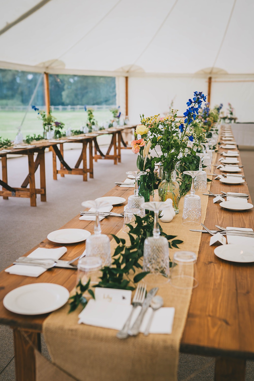South Yorkshire Farm Wedding Amy Jordison Photography Burlap Hessian Table Runner Wildflowers Centrepiece Decor Marquee