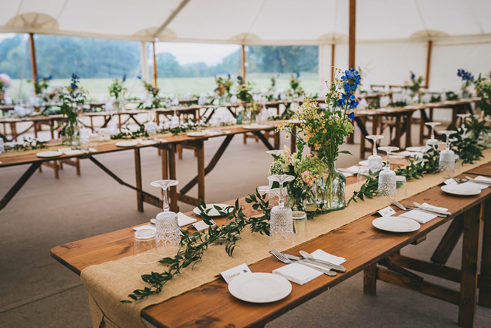 South Yorkshire Farm Wedding Amy Jordison Photography Burlap Hessian Table Runner Wildflowers Centrepiece Decor Marquee