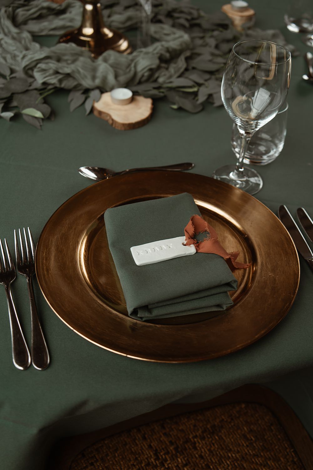 Round Table Green Cloth Candelabra Gold Plate Name Swallows Nest Barn Wedding Rebel Love Club