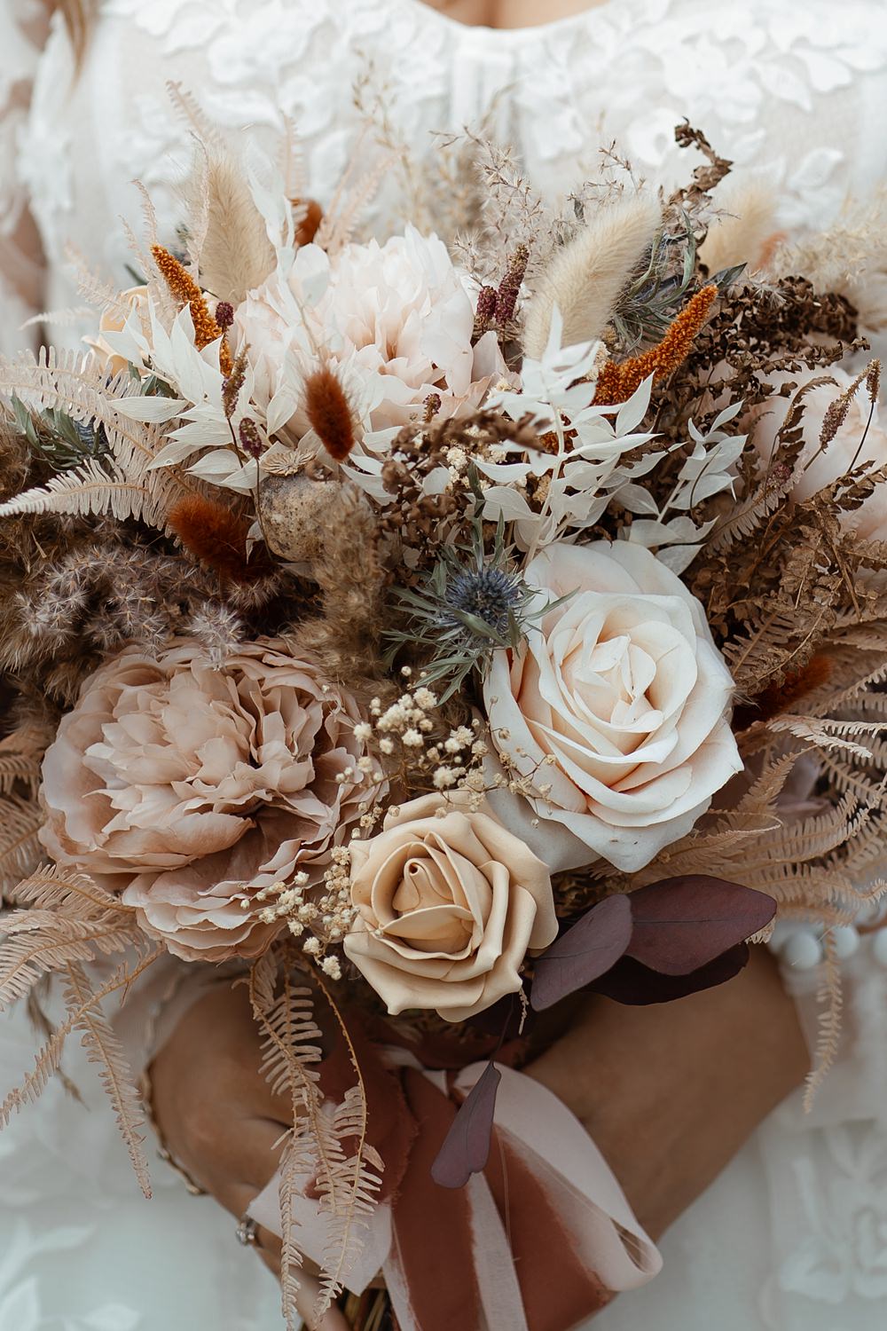 Dried Flower Bouquet Bride Toffee Cream Dusky Pink Swallows Nest Barn Wedding Rebel Love Club
