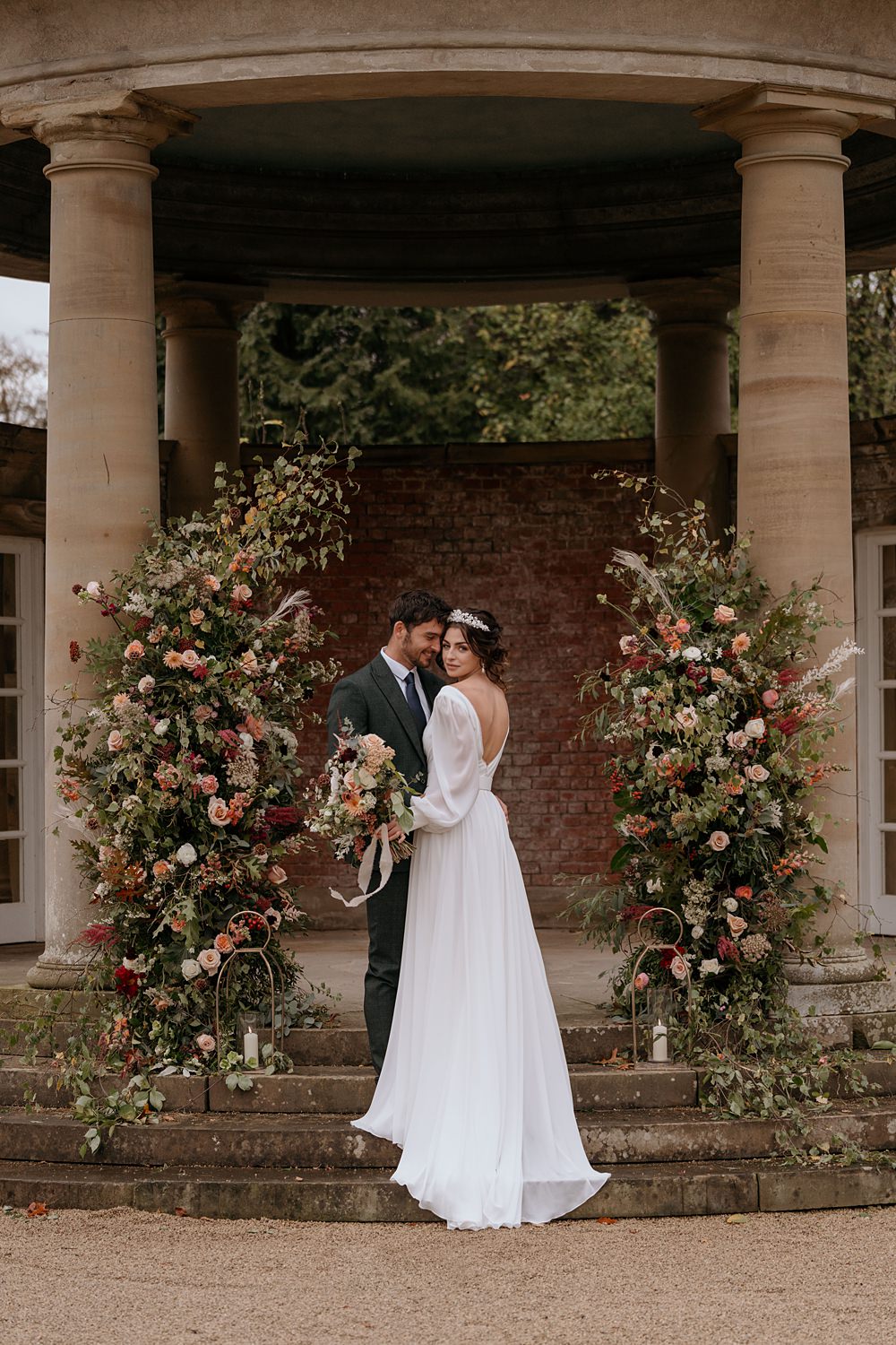 Flower Pillars Arch Backdrop Ceremony Walled Garden Helperby Wedding Natalie Hamilton Photography