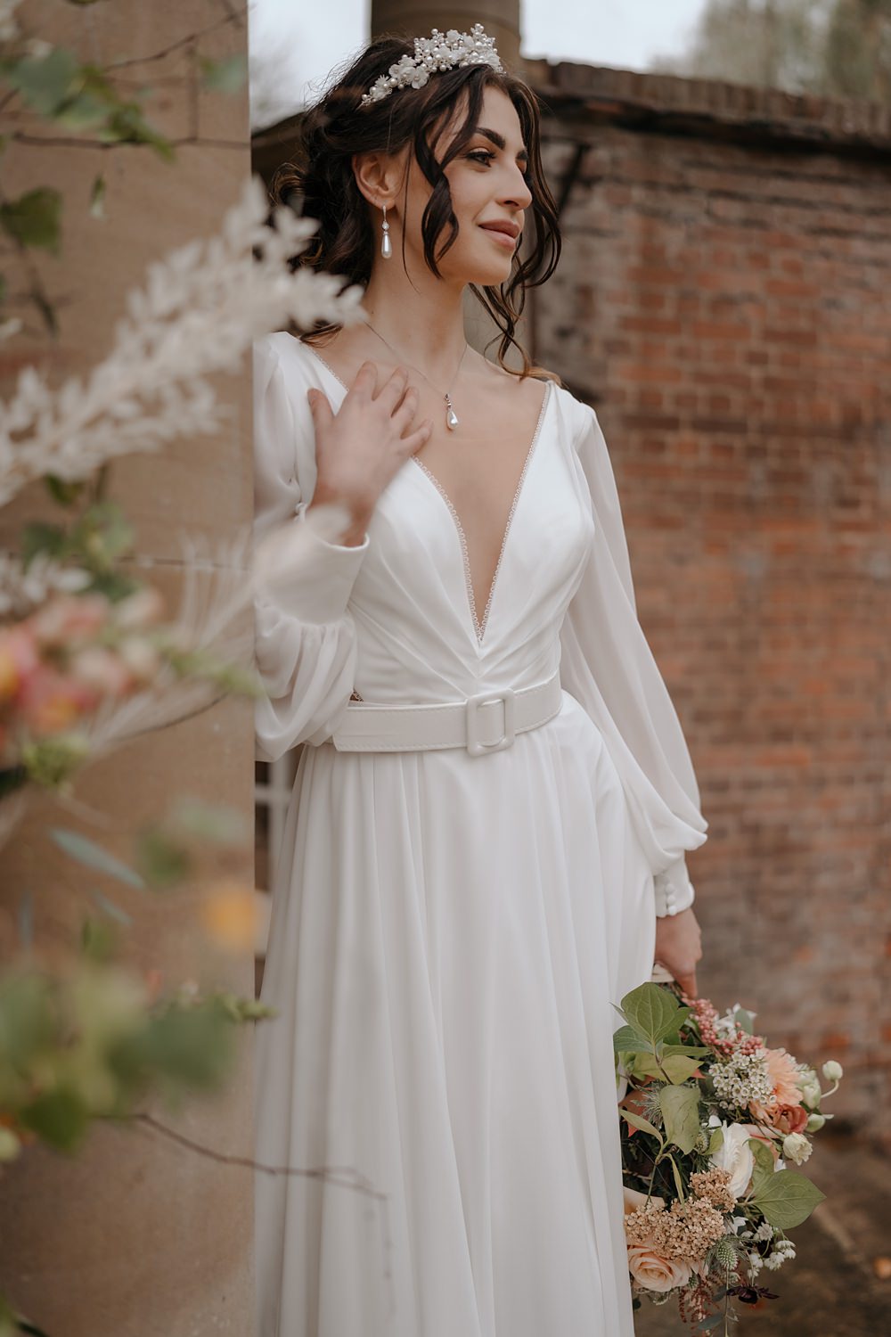 Long Sleeve Bride Gown Tulle Belt Walled Garden Helperby Wedding Natalie Hamilton Photography