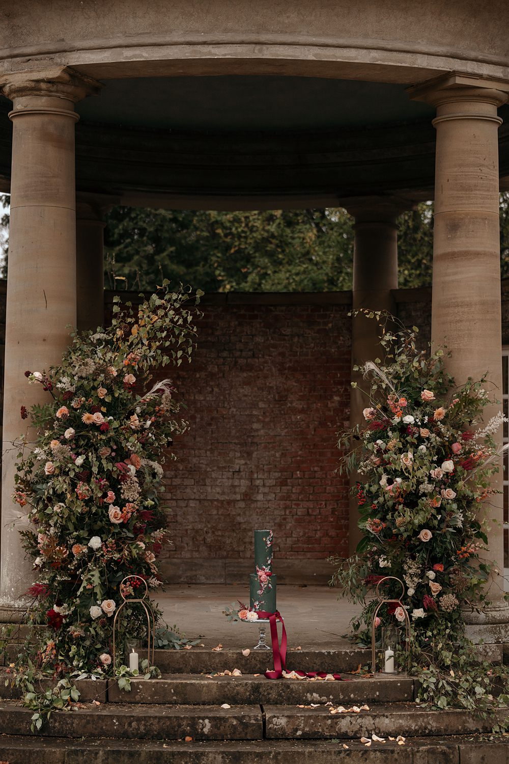 Flower Pillars Arch Backdrop Walled Garden Helperby Wedding Natalie Hamilton Photography