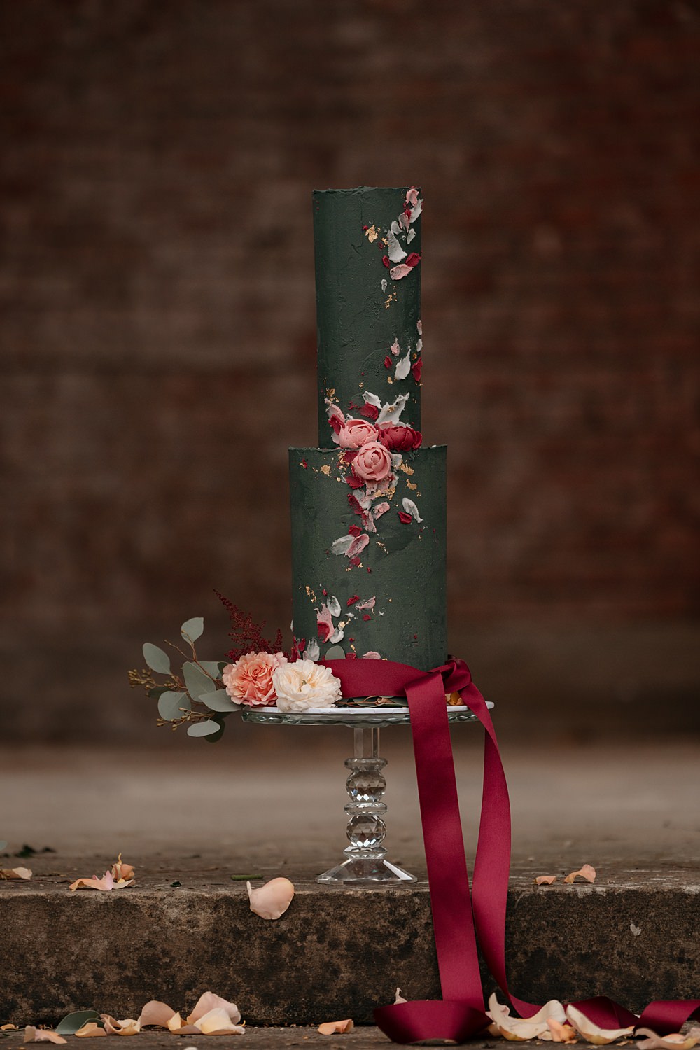 Green Gold Tall Floral Cake 2 Tier Walled Garden Helperby Wedding Natalie Hamilton Photography