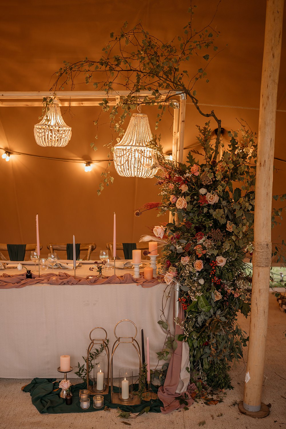 Reception Table Lights Chandeliers Decor Candles Pink Runner Flower Pillar Walled Garden Helperby Wedding Natalie Hamilton Photography