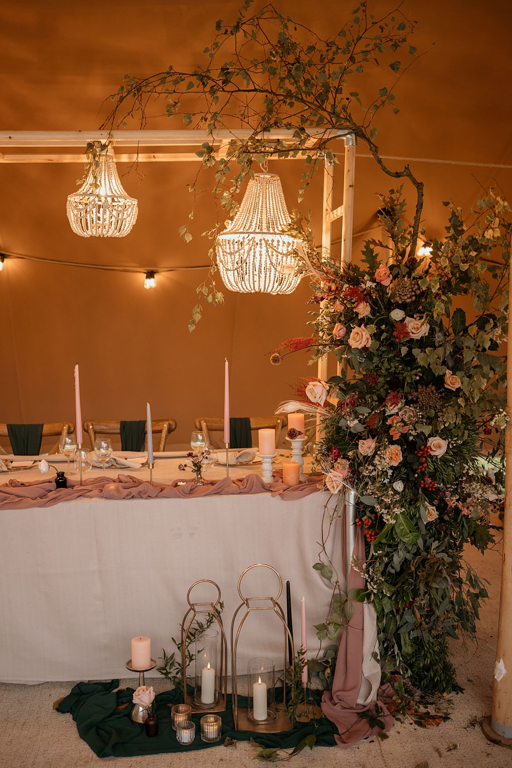 Reception Table Lights Chandeliers Decor Candles Pink Runner Flower Pillar Walled Garden Helperby Wedding Natalie Hamilton Photography